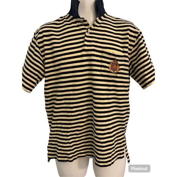 Polo by Ralph Lauren Y2K Yellow and Navy Striped Polo Shirt. Size Medium - Picture 1 of 6